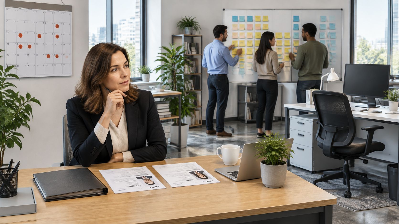 Mulher profissional sentada em sua mesa de escritório em um ambiente corporativo moderno e colaborativo.