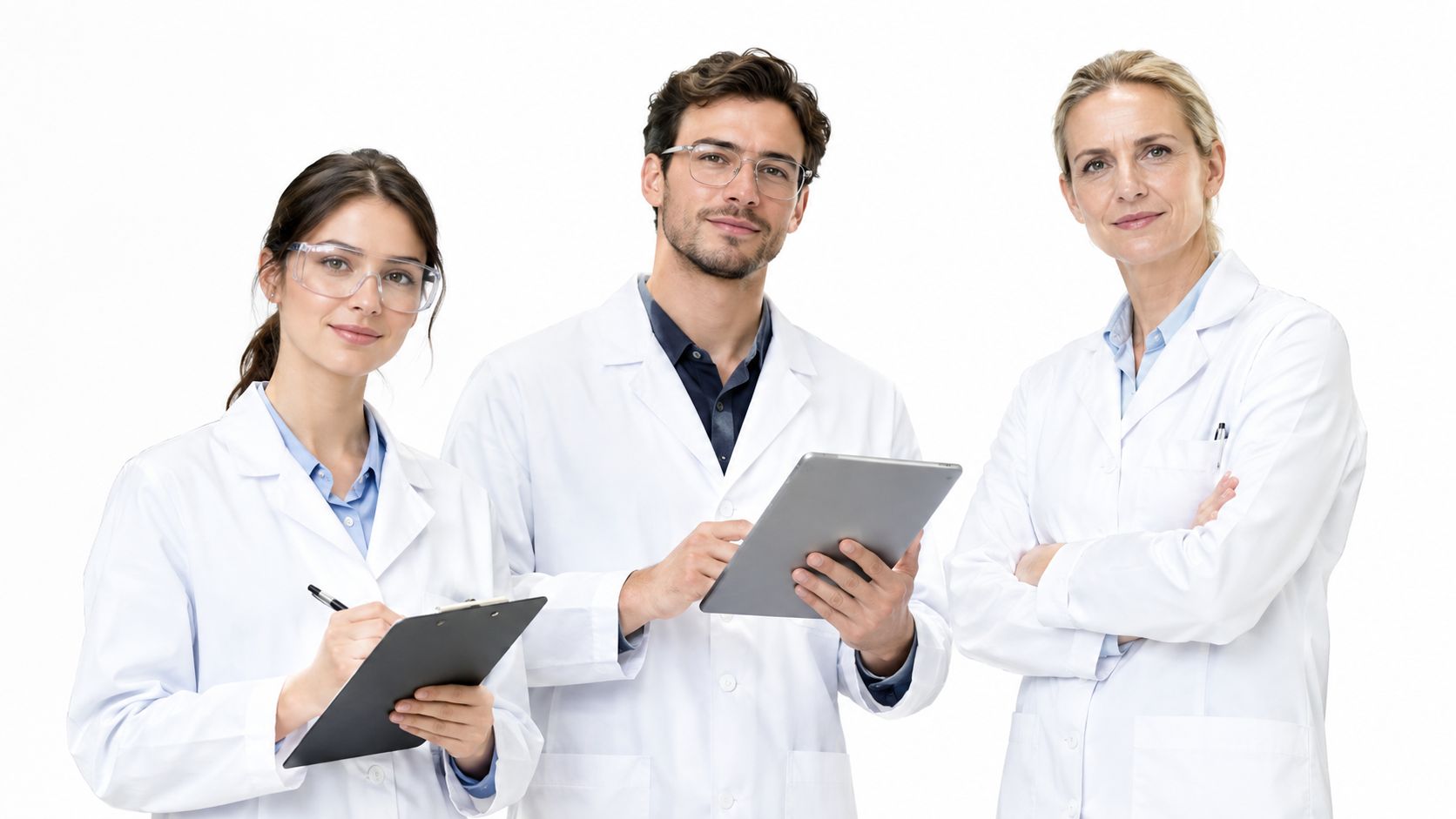 Três cientistas de jaleco branco, usando óculos de proteção, revisando dados em um tablet e prancheta.