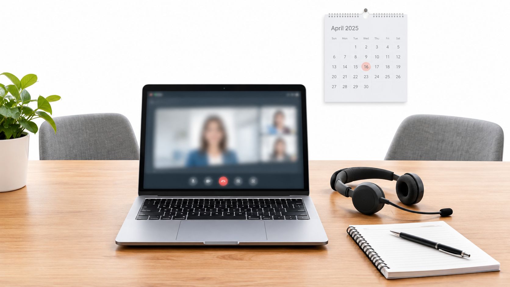 Computador portátil em uma mesa de escritório pronto para uma videoconferência com fones de ouvido e calendário.