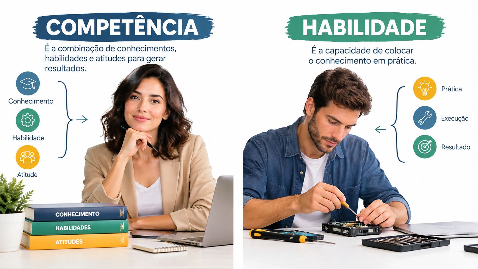 Imagem comparativa explicando os conceitos de competência e habilidade com profissionais trabalhando em um escritório.