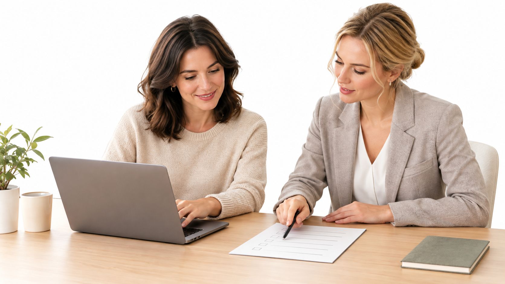 Duas mulheres de negócios colaborando em um escritório, usando um laptop e revisando uma lista de tarefas.