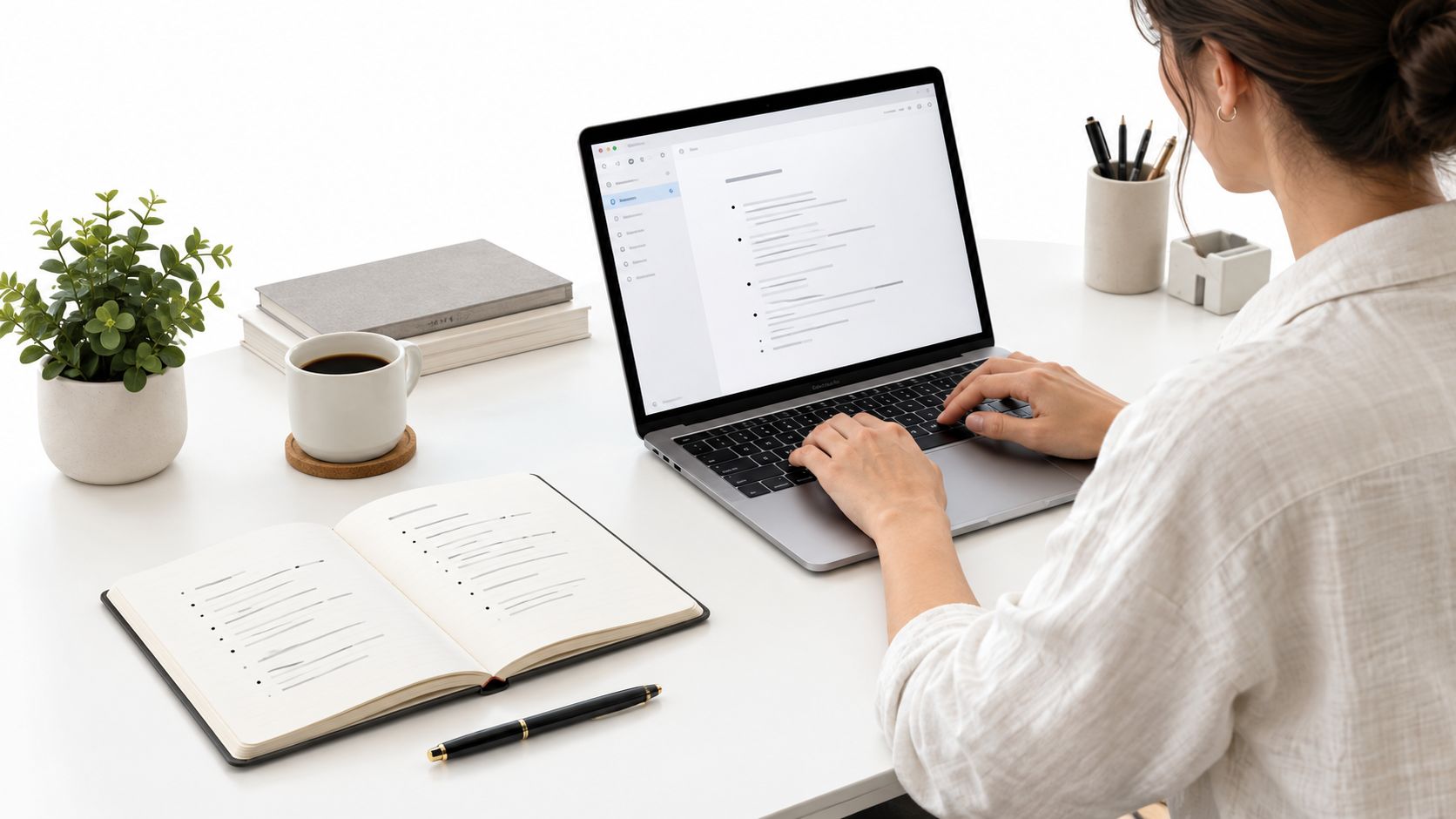 Uma pessoa trabalhando em seu notebook em uma mesa branca organizada com caderno e planta.