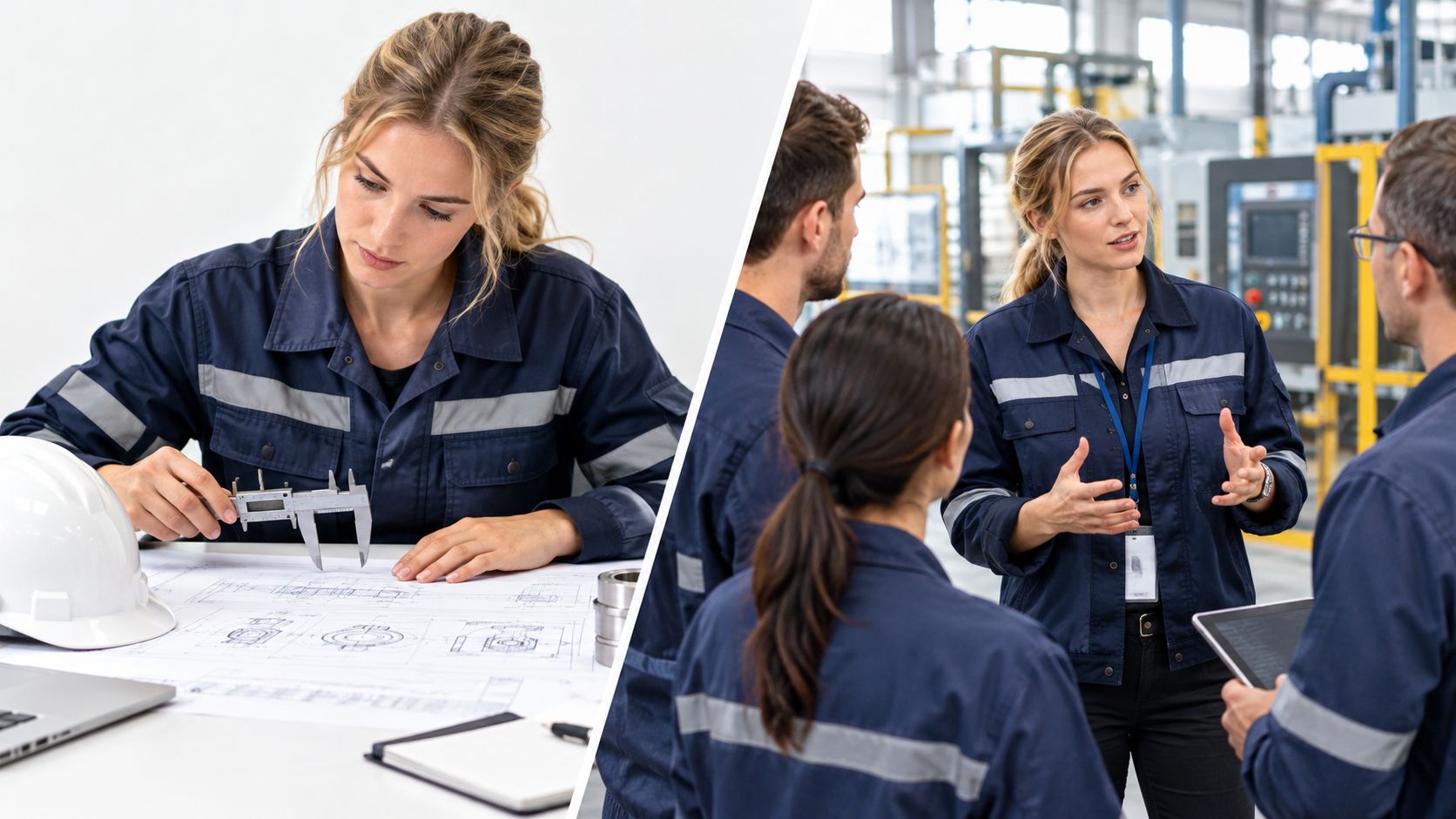 Engenheira e equipe técnica analisando projetos industriais e trabalhando com equipamentos de medição em uma fábrica.