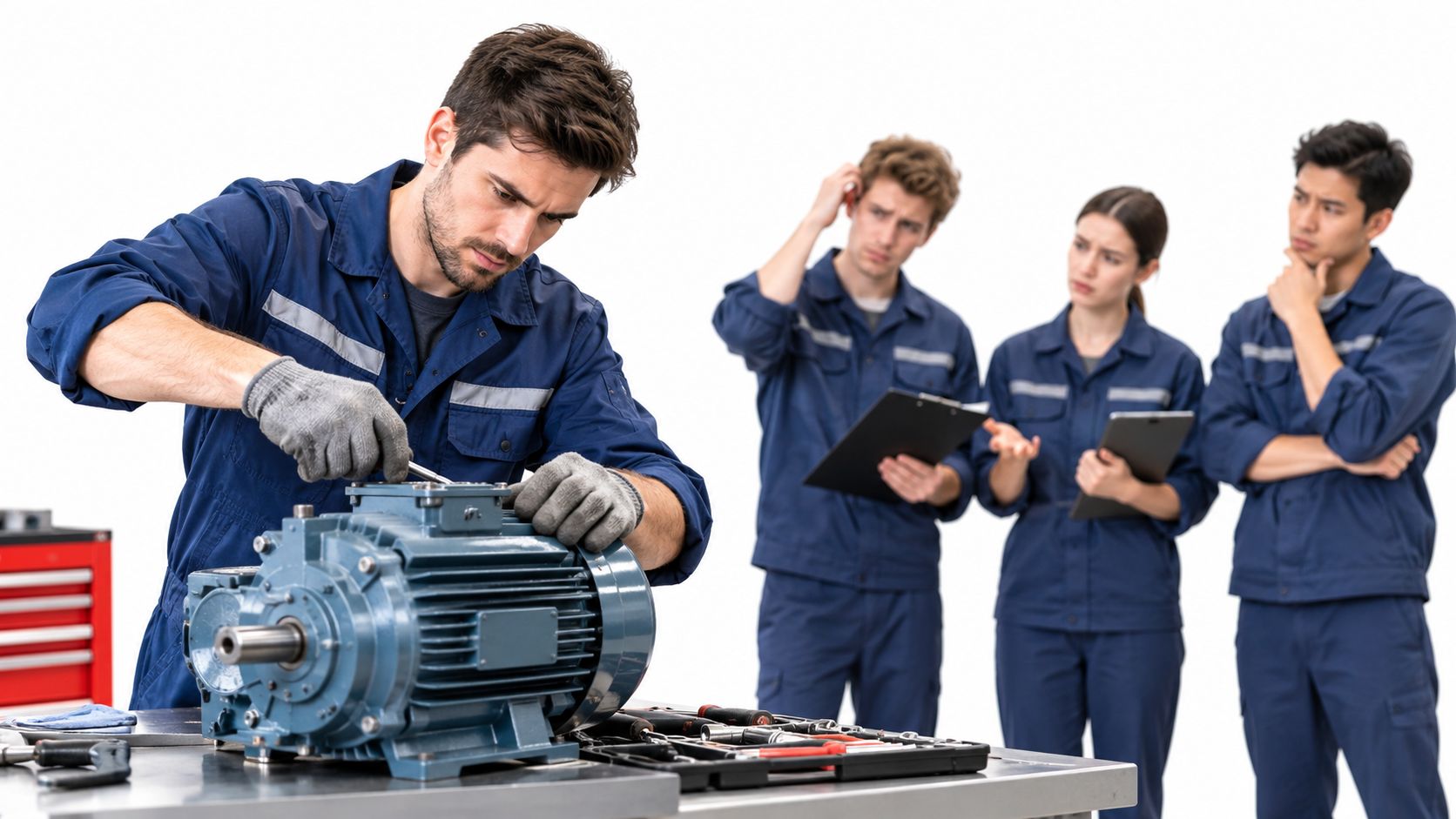 Encarregado de manutenção realizando reparos técnicos em um motor industrial enquanto sua equipe observa atentamente.