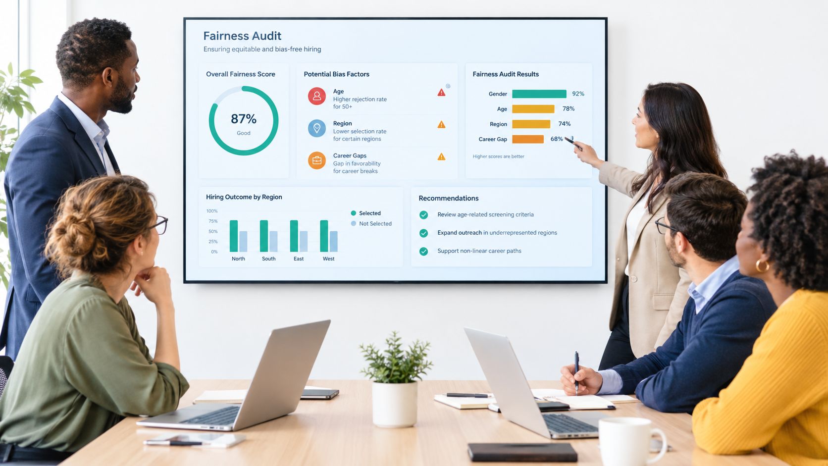 Uma equipe de profissionais analisando um gráfico digital de auditoria de diversidade e inclusão no trabalho.
