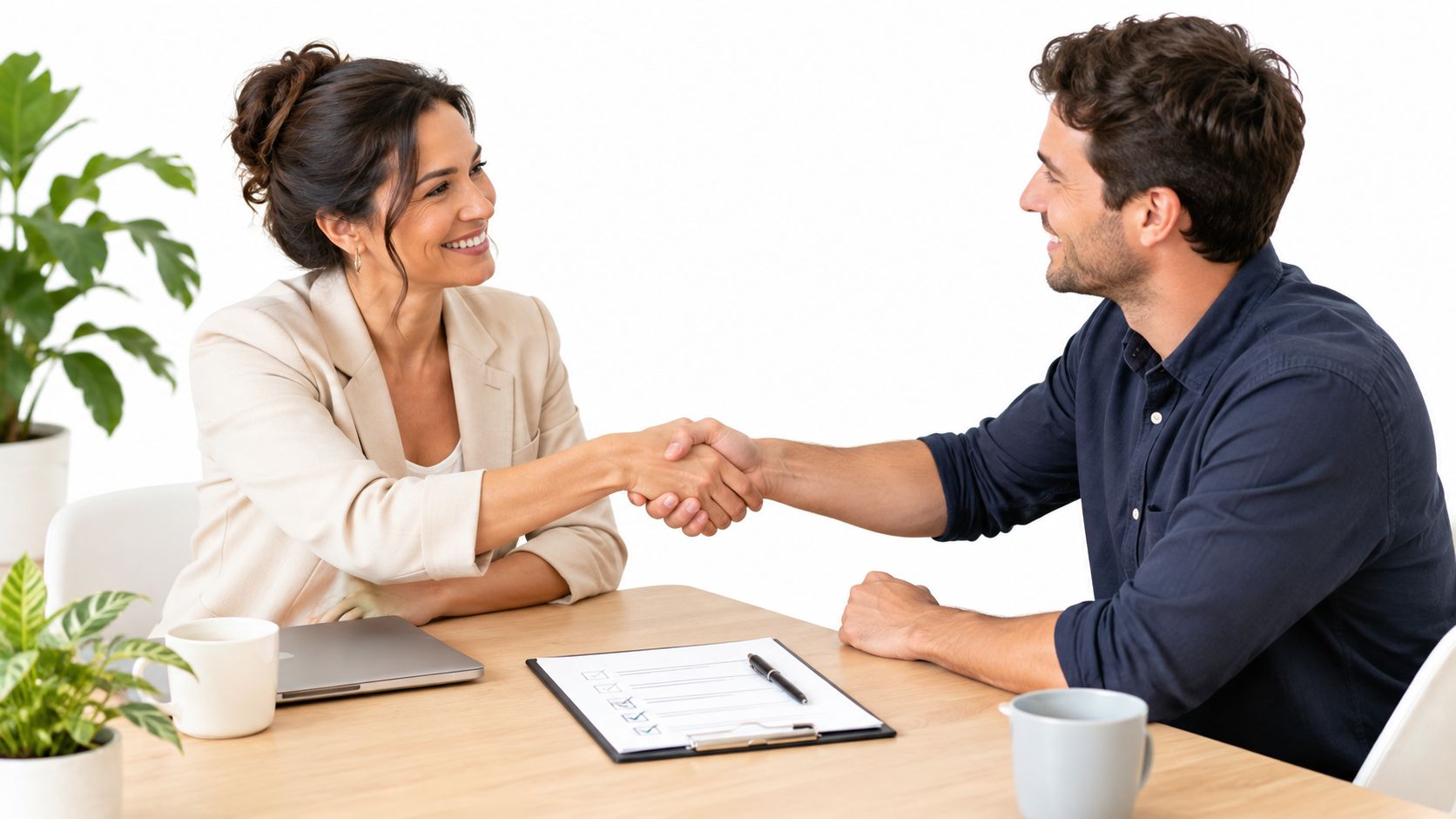 Uma mulher sorridente e um homem apertando as mãos em uma entrevista de emprego em um escritório moderno.