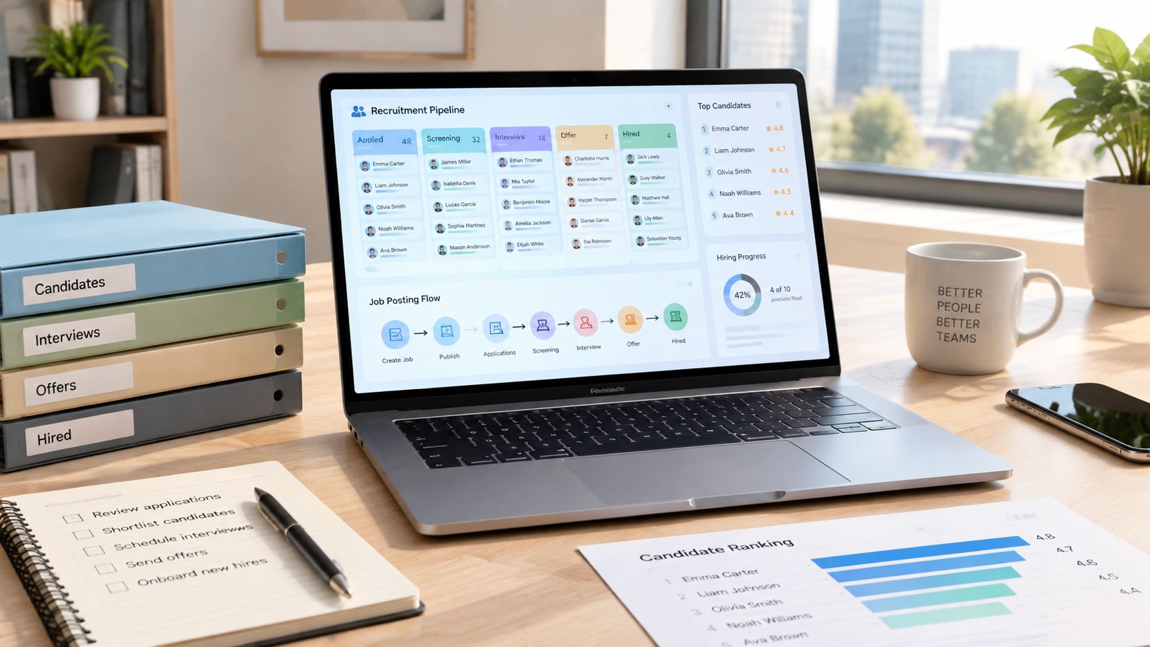 Laptop exibindo um painel de controle de software de recrutamento em uma mesa de escritório organizada.