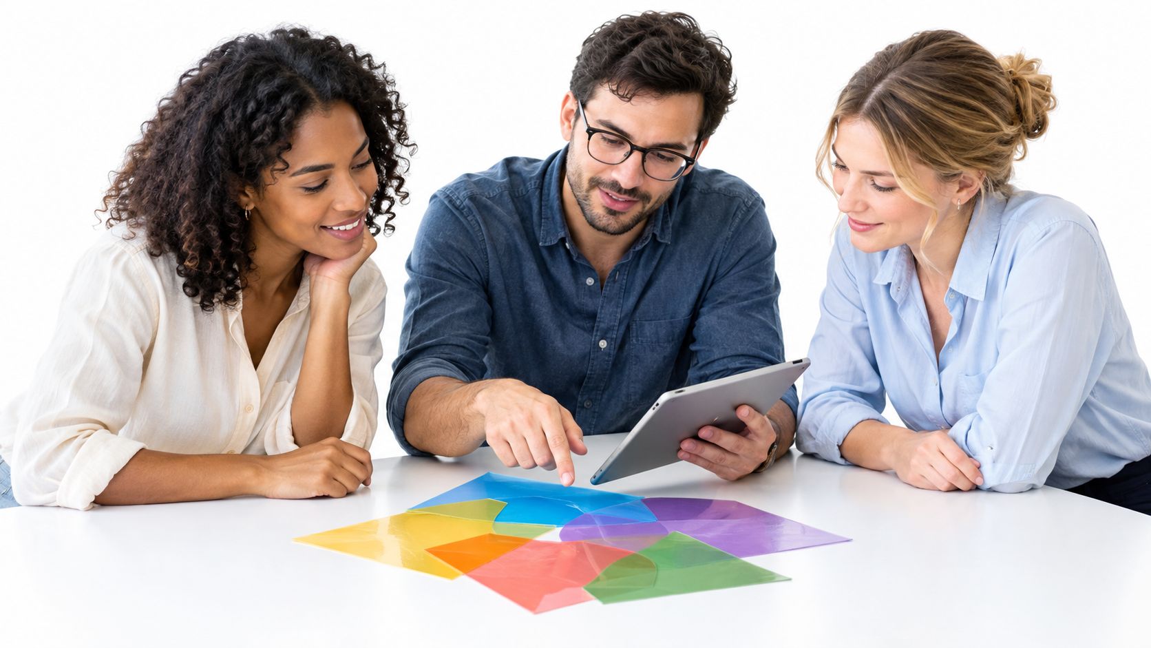 Três colegas de trabalho colaborando em um projeto criativo utilizando um tablet e filtros coloridos sobre a mesa.
