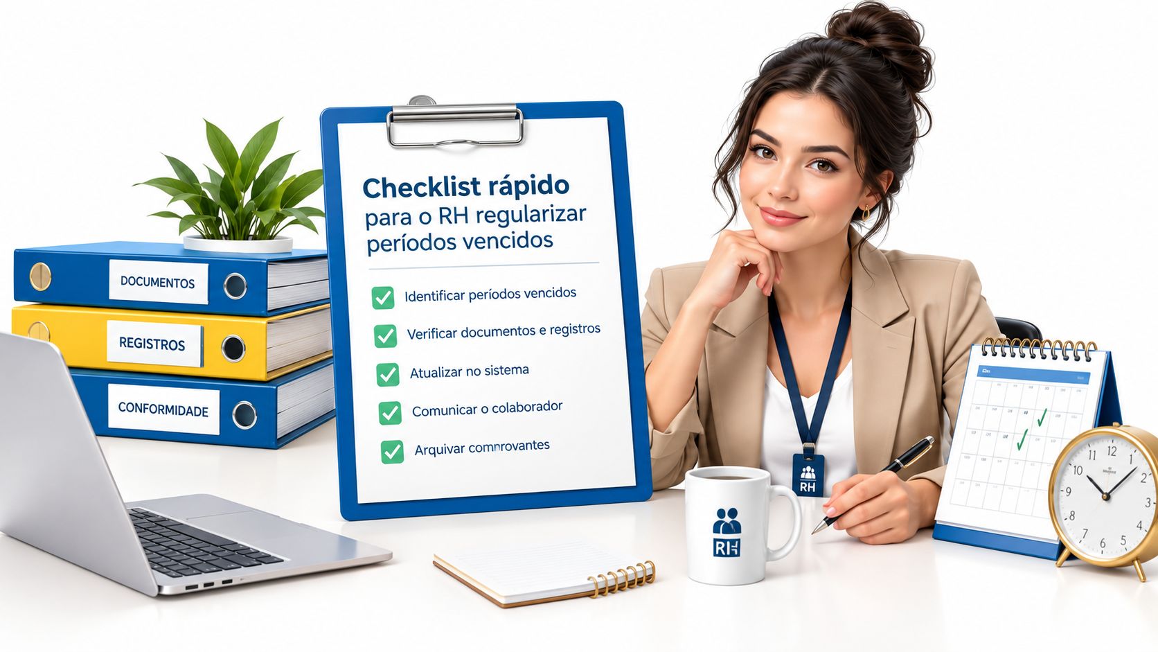 Profissional de RH sorridente com checklist de regularização de férias em um escritório organizado e profissional.