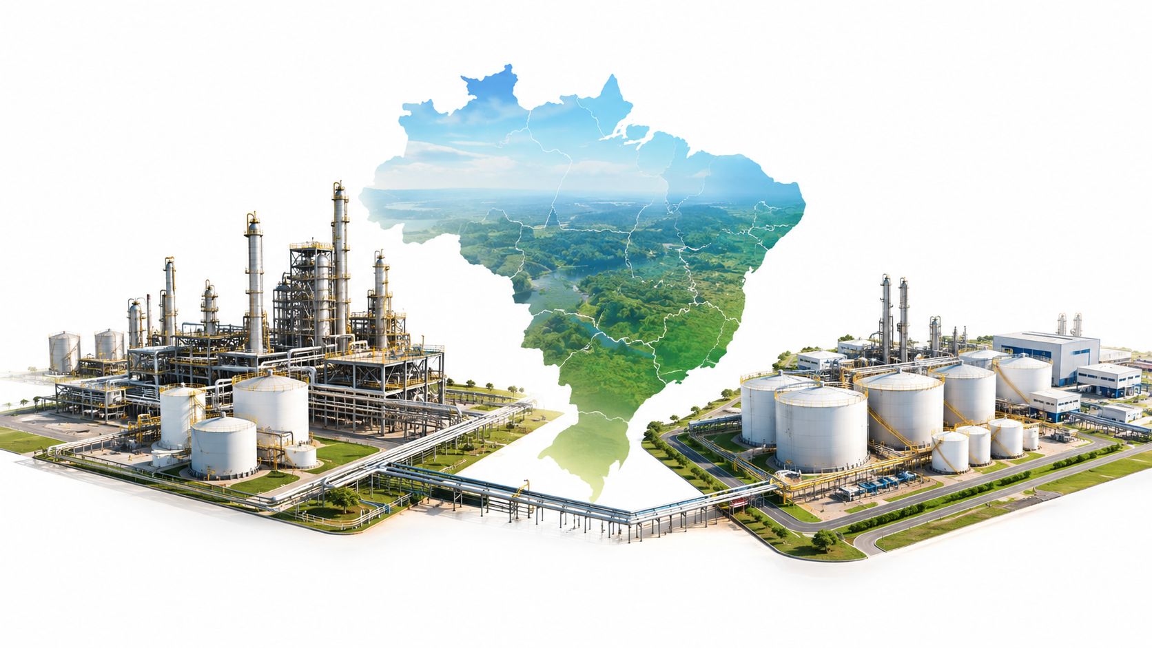 Representação gráfica de uma planta química industrial sobreposta ao mapa do Brasil, simbolizando o setor petroquímico nacional.
