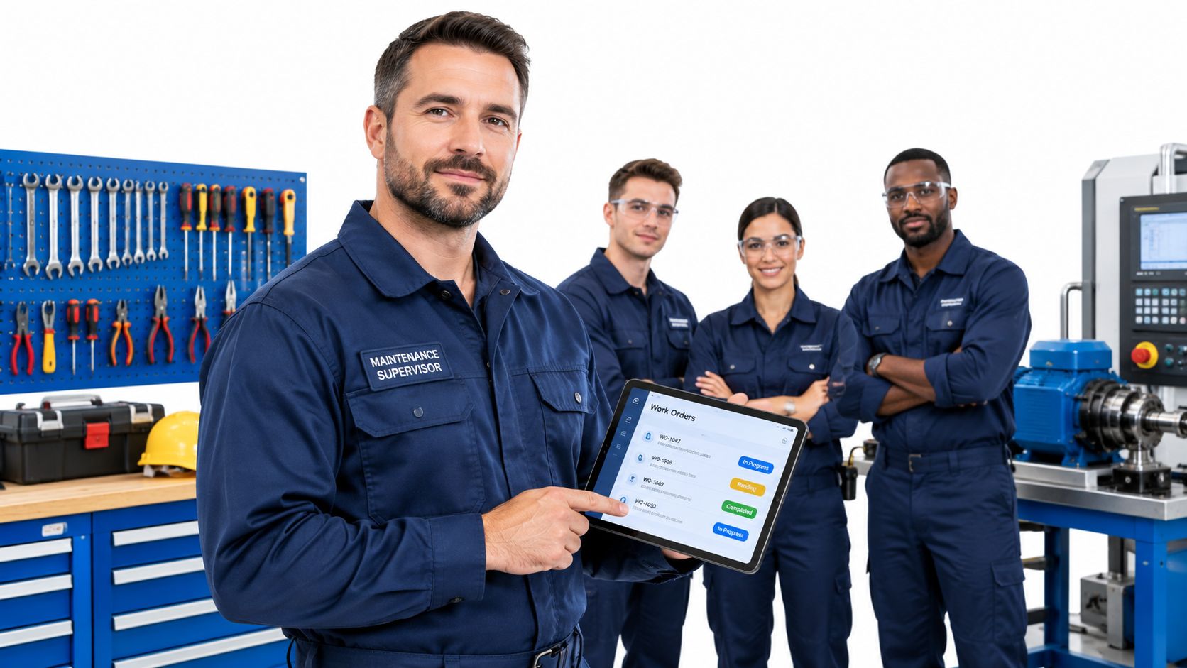 Encarregado de manutenção sorridente apresentando uma lista de ordens de serviço digital em tablet para sua equipe