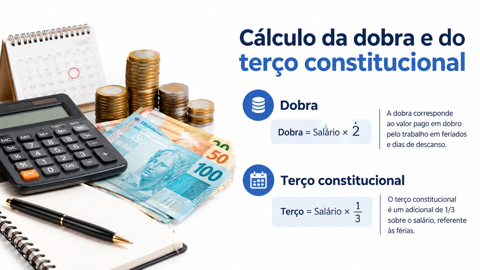 Cálculo da dobra do salário por feriados trabalhados e o valor do terço constitucional sobre as férias.