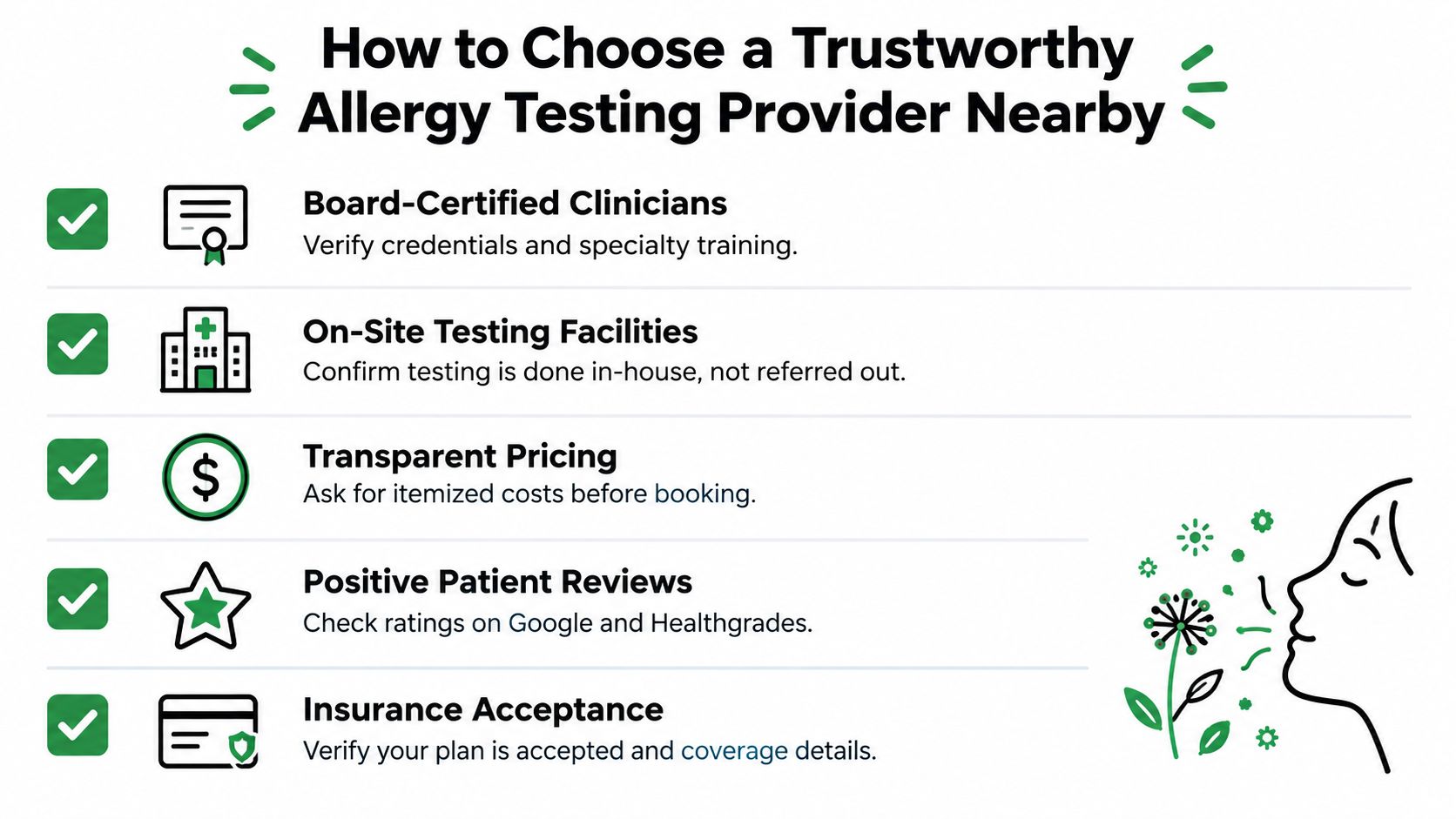 A checklist infographic titled How to Choose a Trustworthy Allergy Testing Provider Nearby with five key steps.