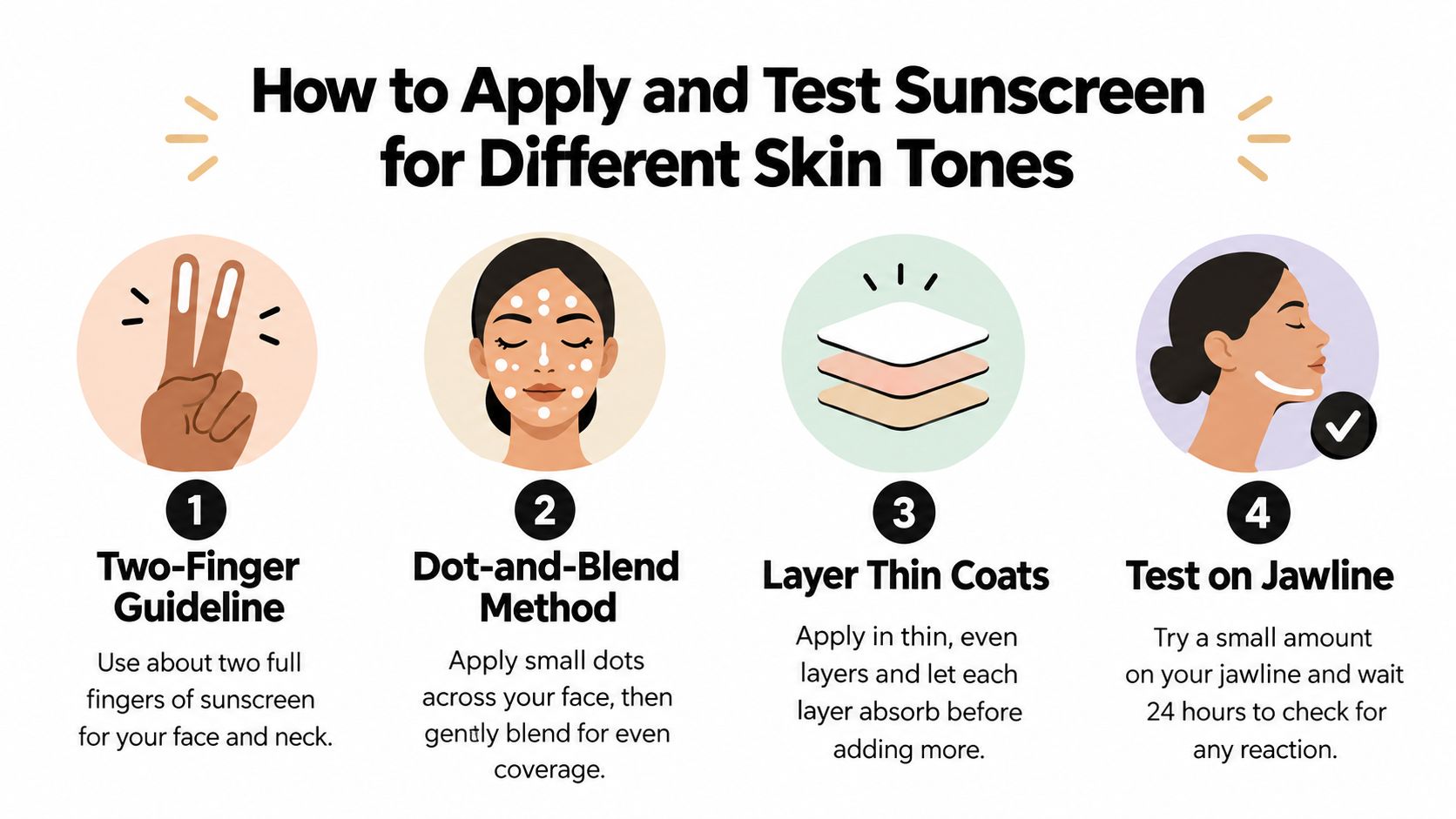 An infographic illustrating four steps to properly apply and test sunscreen for different skin tones.