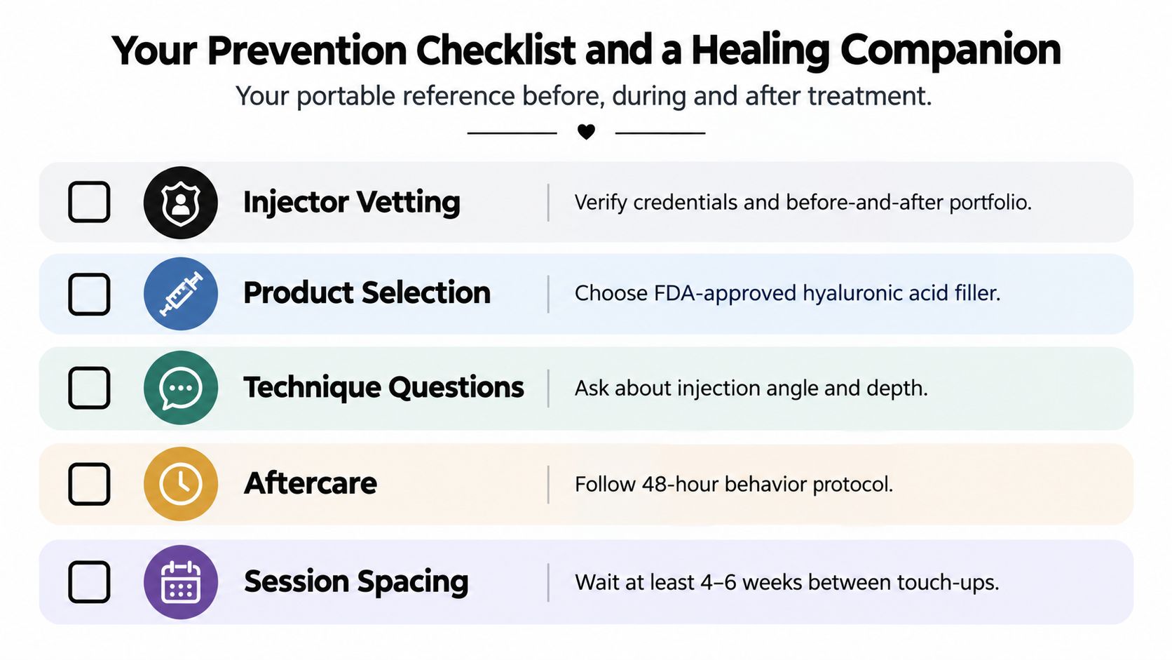 A checklist graphic providing safety and care guidelines for patients receiving cosmetic facial filler treatments.