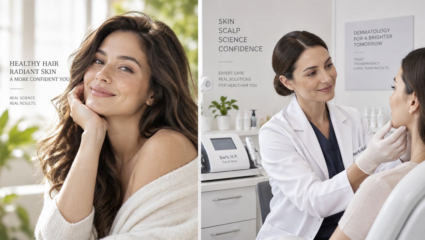 A split image showing a confident woman with healthy hair and a dermatologist examining a patient's skin.
