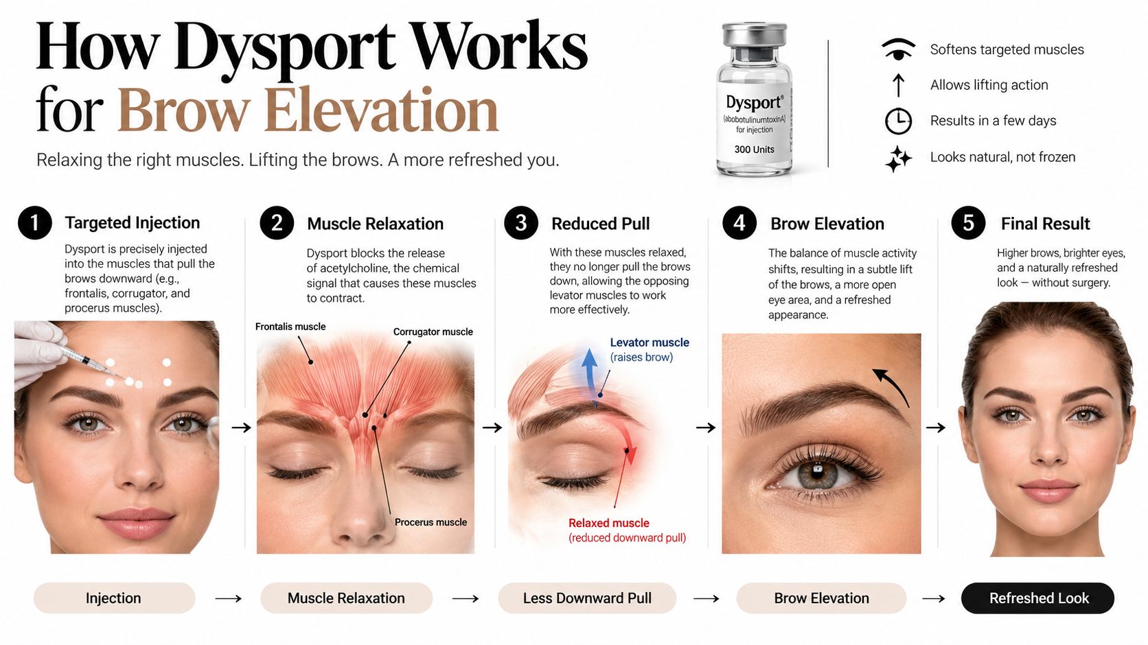 An infographic showing the five-step process of how Dysport injections work to provide a natural brow lift.