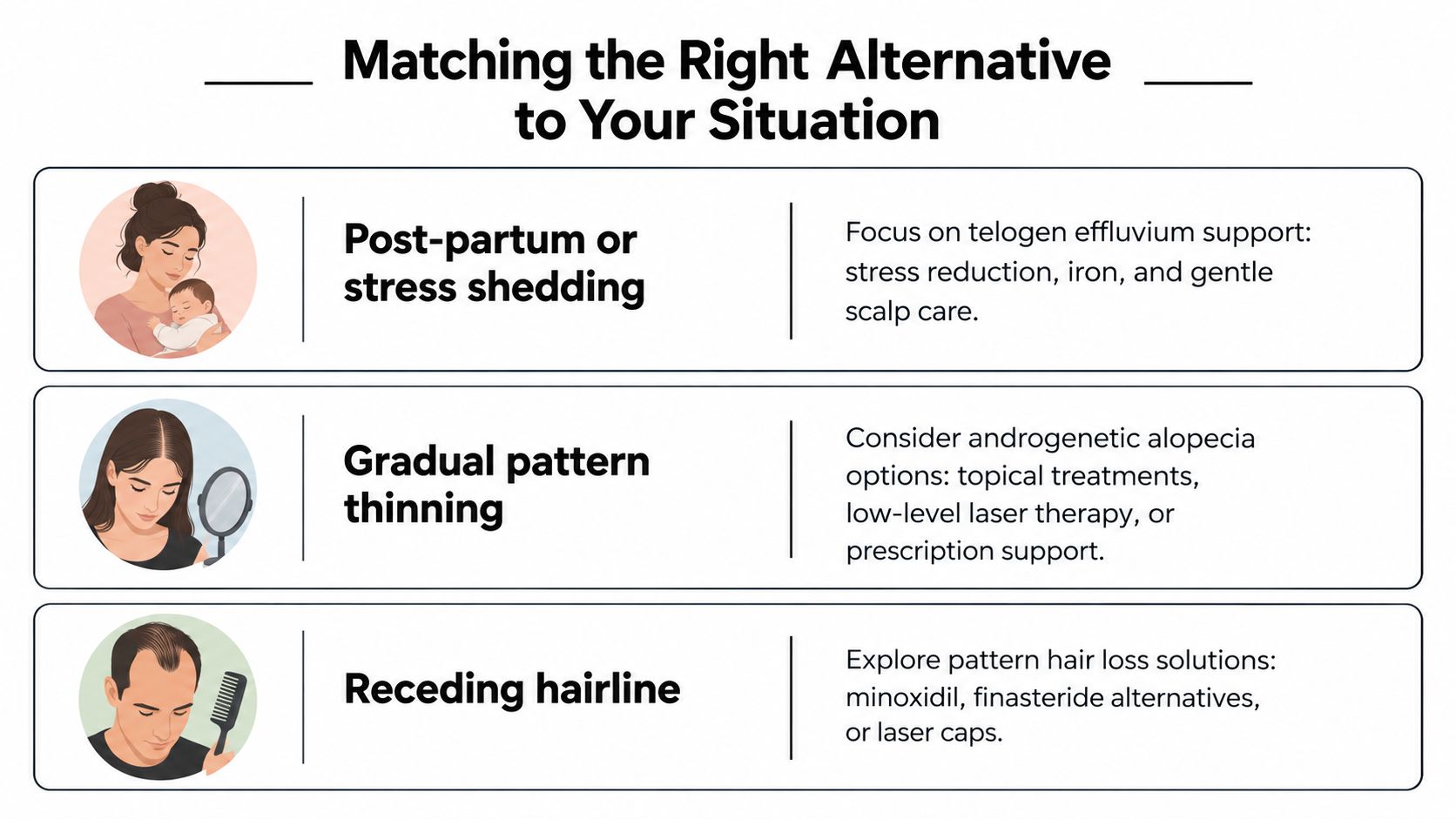 A chart matching different hair loss types such as post-partum, pattern thinning, and receding hairlines with solutions.