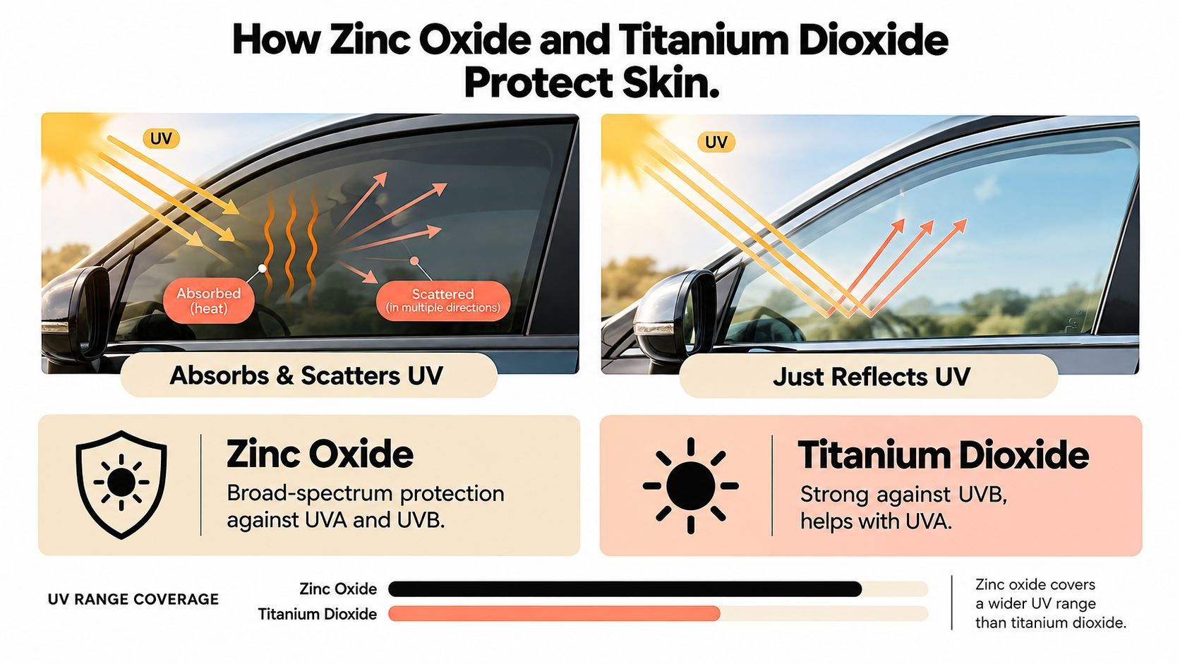 An infographic comparing how zinc oxide and titanium dioxide minerals provide UV protection for the skin.