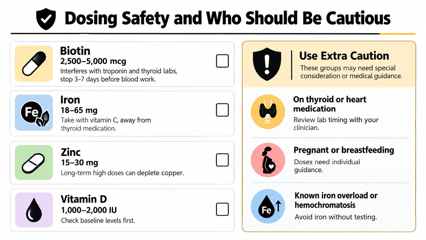 A safety infographic detailing proper dosage for Biotin, Iron, Zinc, and Vitamin D supplements with medical precautions.