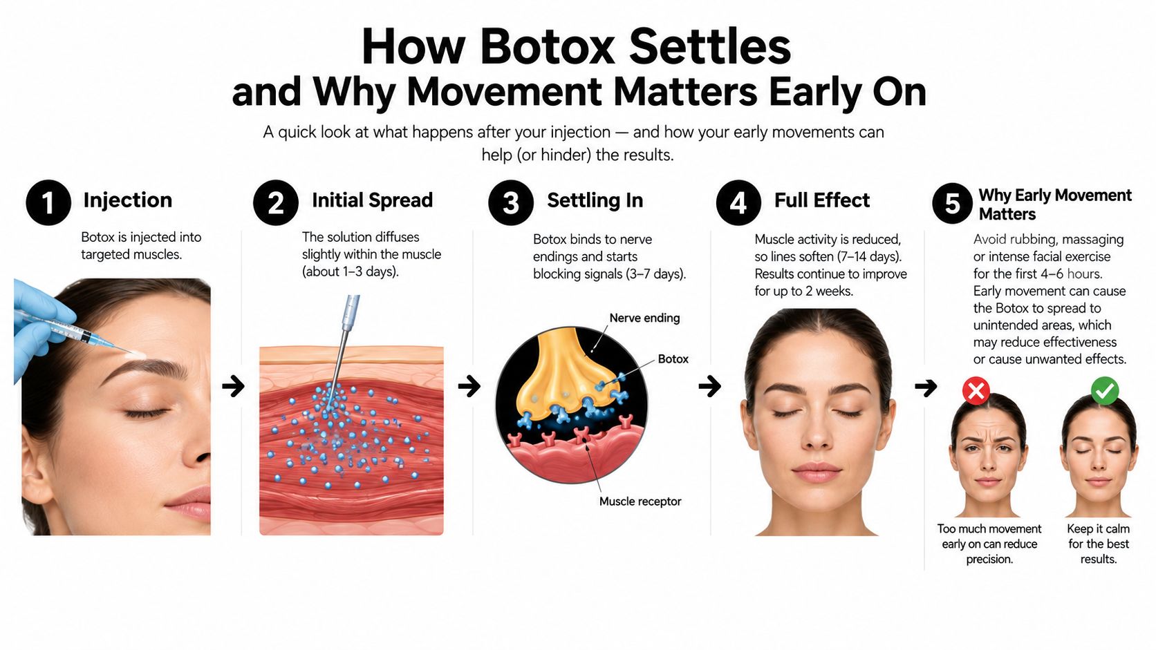 An infographic showing the five stages of how Botox settles in facial muscles after an injection procedure.