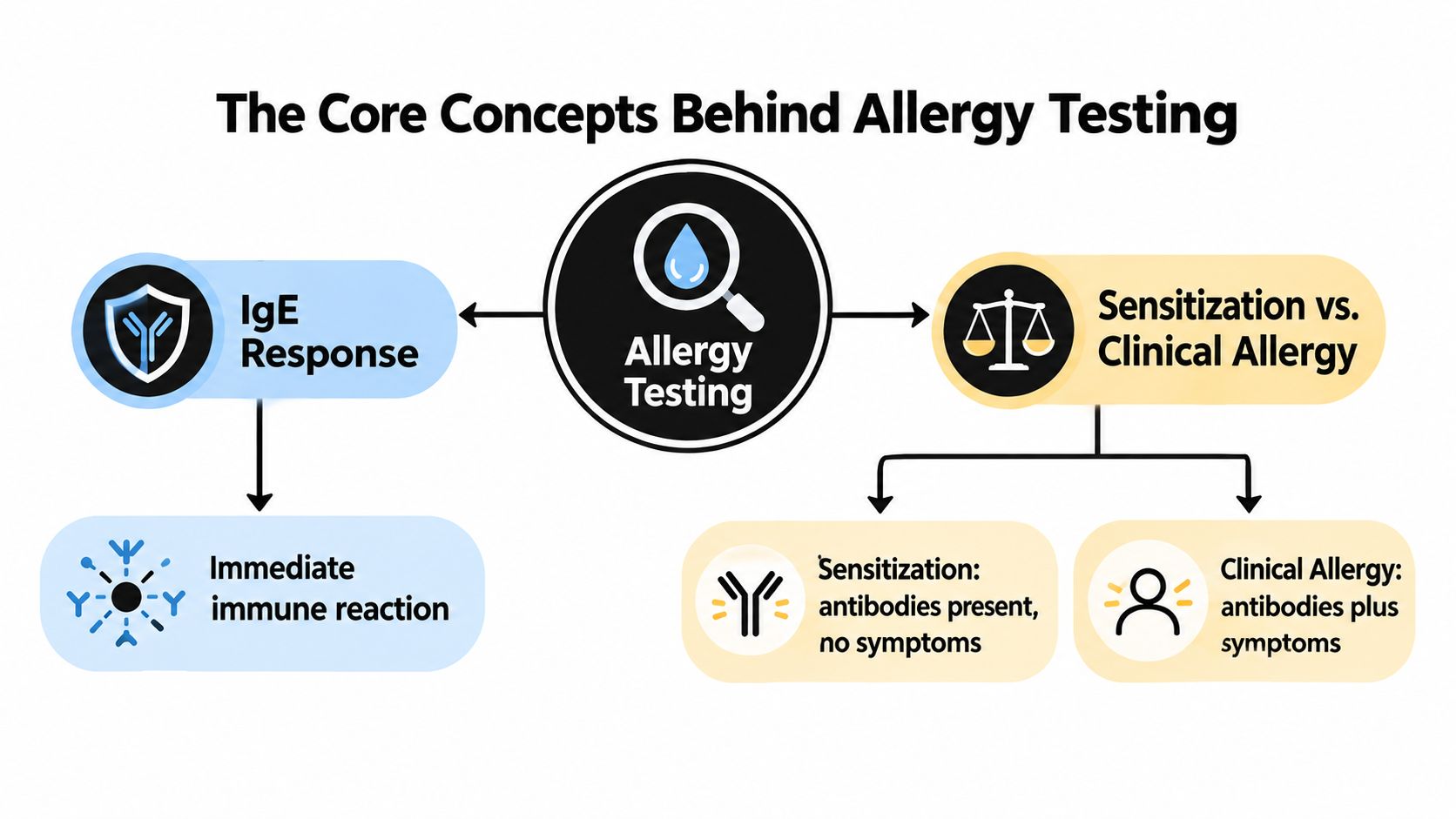 A diagram explaining core concepts of allergy testing including IgE response, sensitization, and clinical allergy definitions.