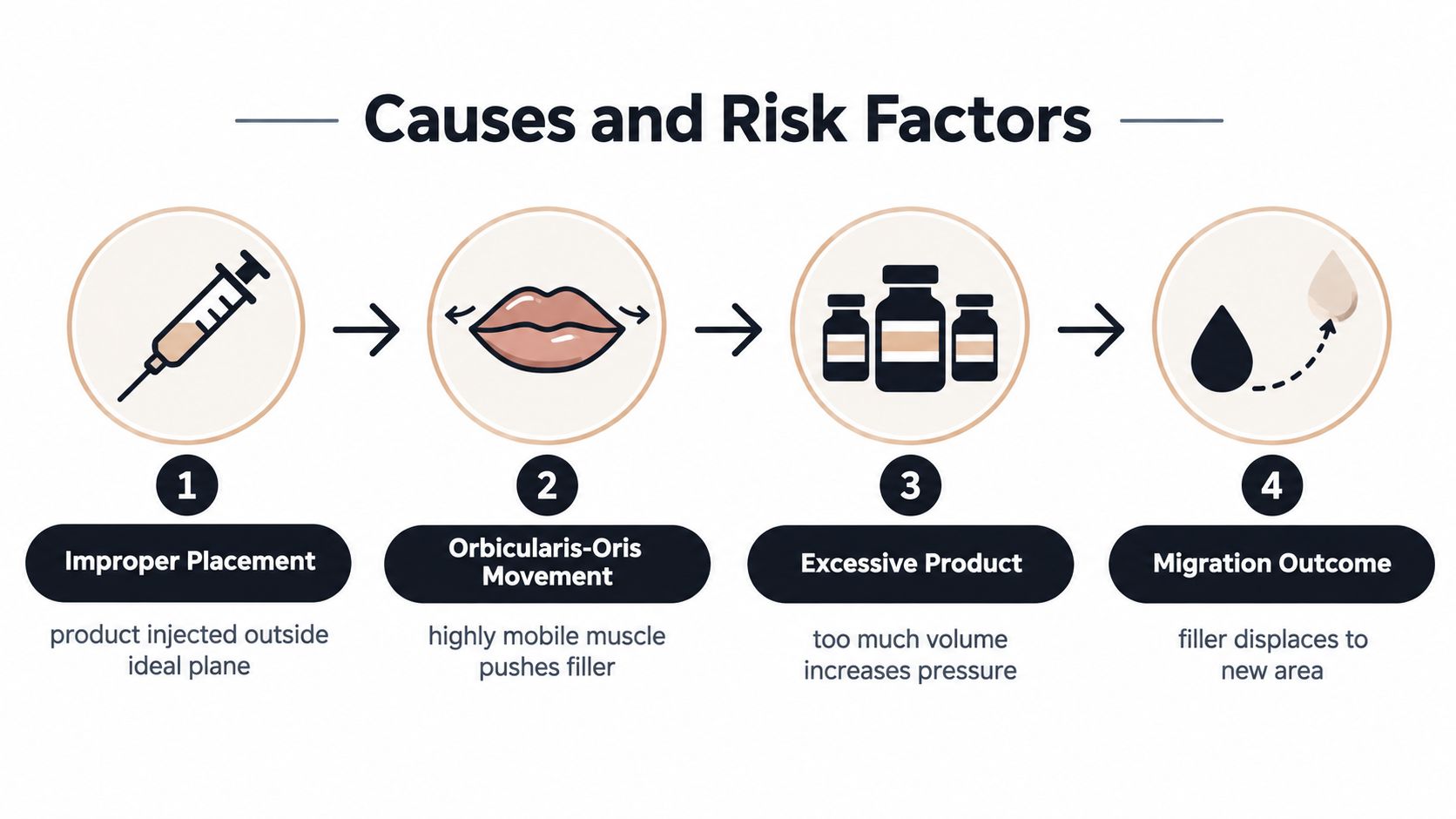 A diagram illustrating four causes and risk factors that lead to lip filler migration.