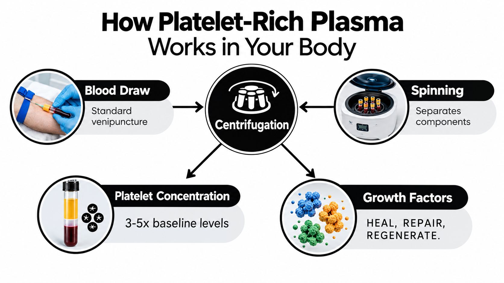 An infographic detailing the process of Platelet-Rich Plasma therapy from blood draw to growth factor regeneration.