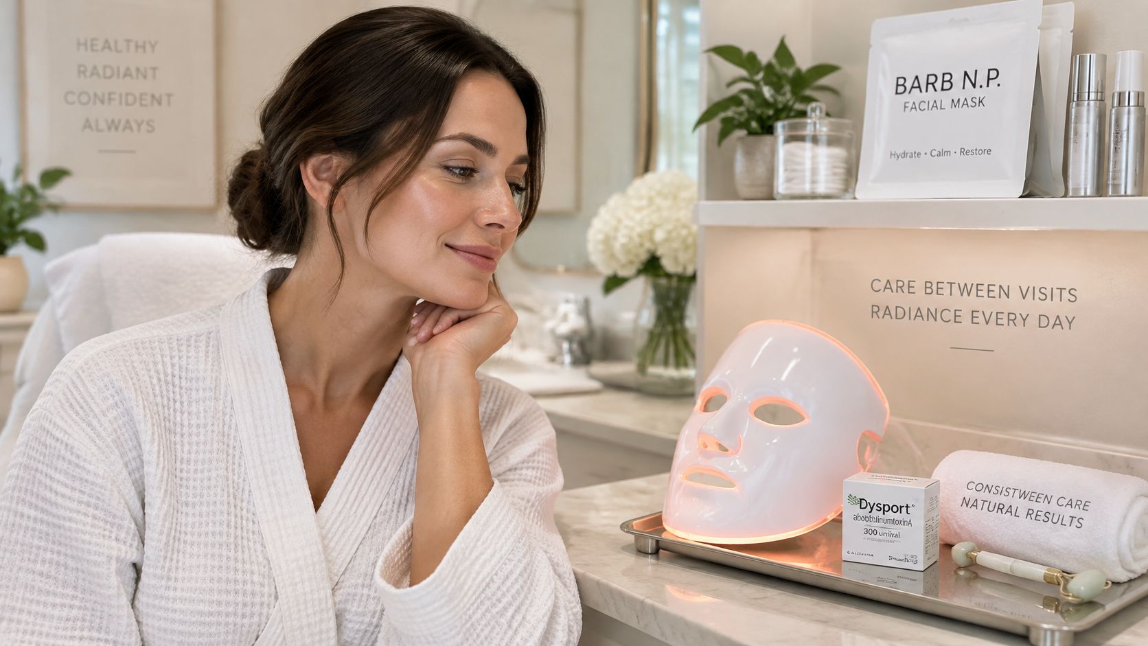 A woman in a robe smiling at an LED light mask and Dysport skincare products in a spa.