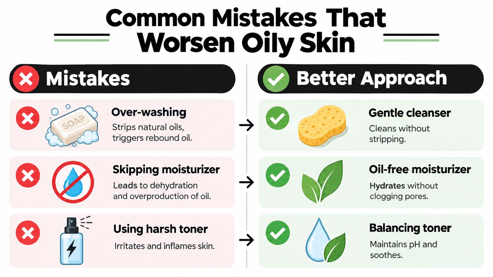 A comparison chart showing common skincare mistakes versus better approaches for managing oily skin effectively.