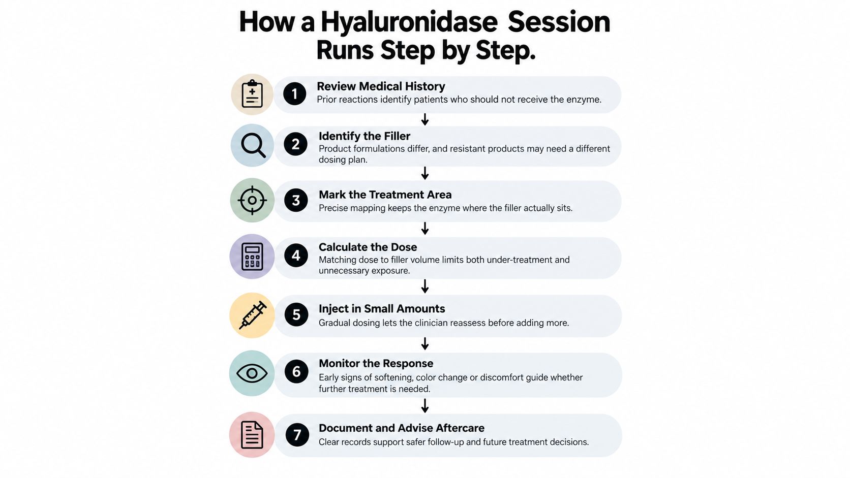 A seven-step infographic detailing the professional procedure for a hyaluronidase filler dissolving session.