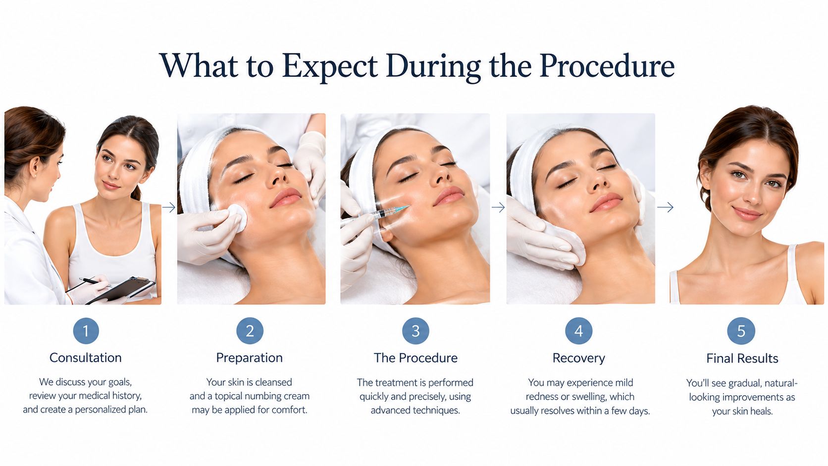 A step-by-step visual guide outlining the consultation, preparation, procedure, recovery, and final results of a cosmetic treatment.