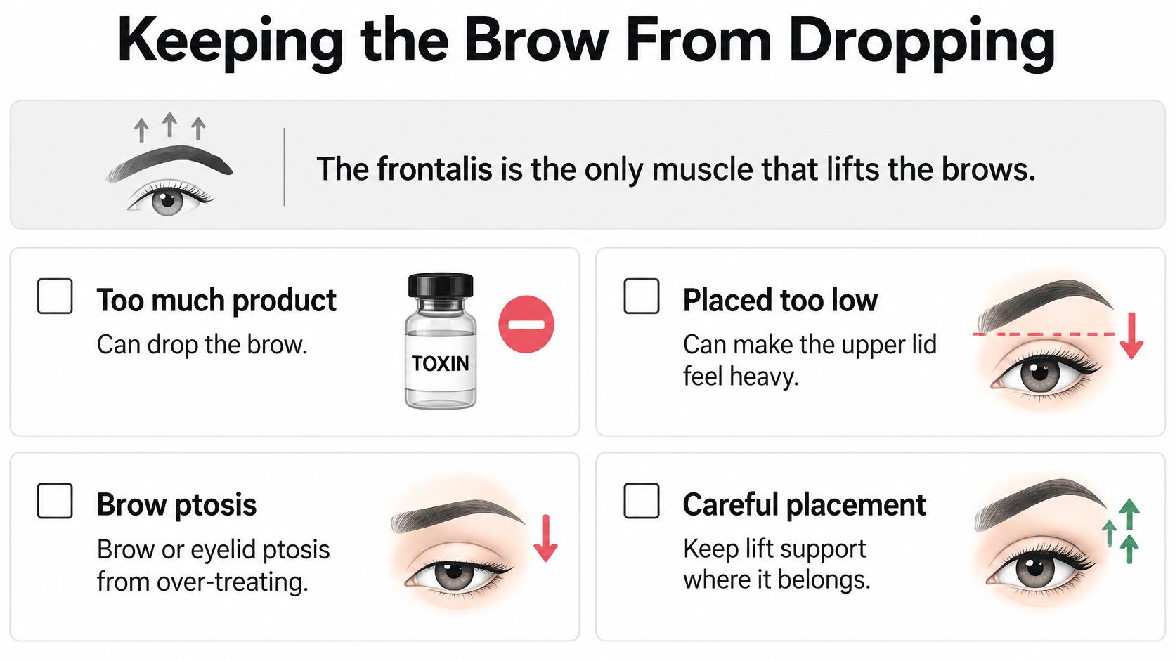 An infographic titled Keeping the Brow From Dropping explaining how toxin placement affects brow muscle function.