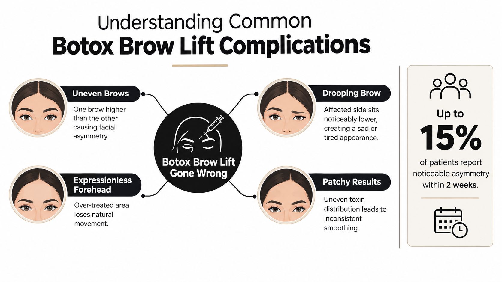 An infographic showing common complications after a Botox brow lift procedure, including uneven brows and drooping.