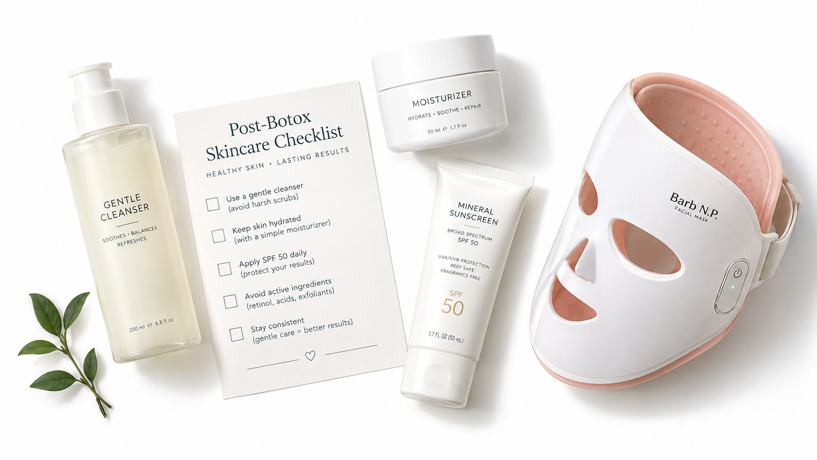 A top-down view of a post-botox skincare checklist with a gentle cleanser, moisturizer, mineral sunscreen, and facial mask.