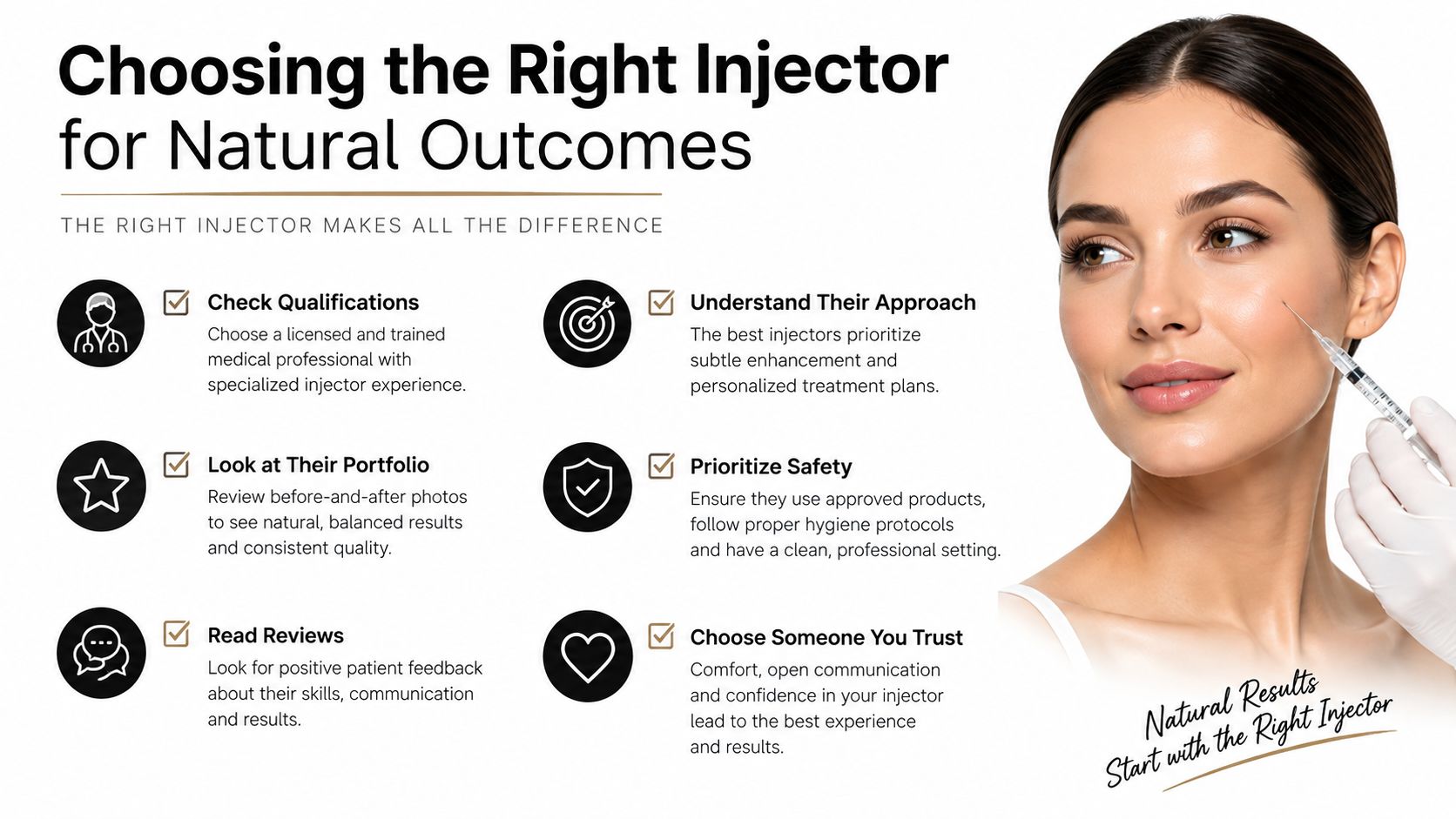 An infographic on choosing the right professional for facial injections to achieve natural-looking aesthetic results.