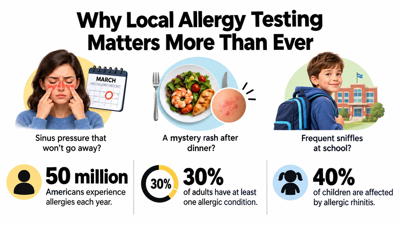 An infographic titled Why Local Allergy Testing Matters More Than Ever with statistics on allergy prevalence.