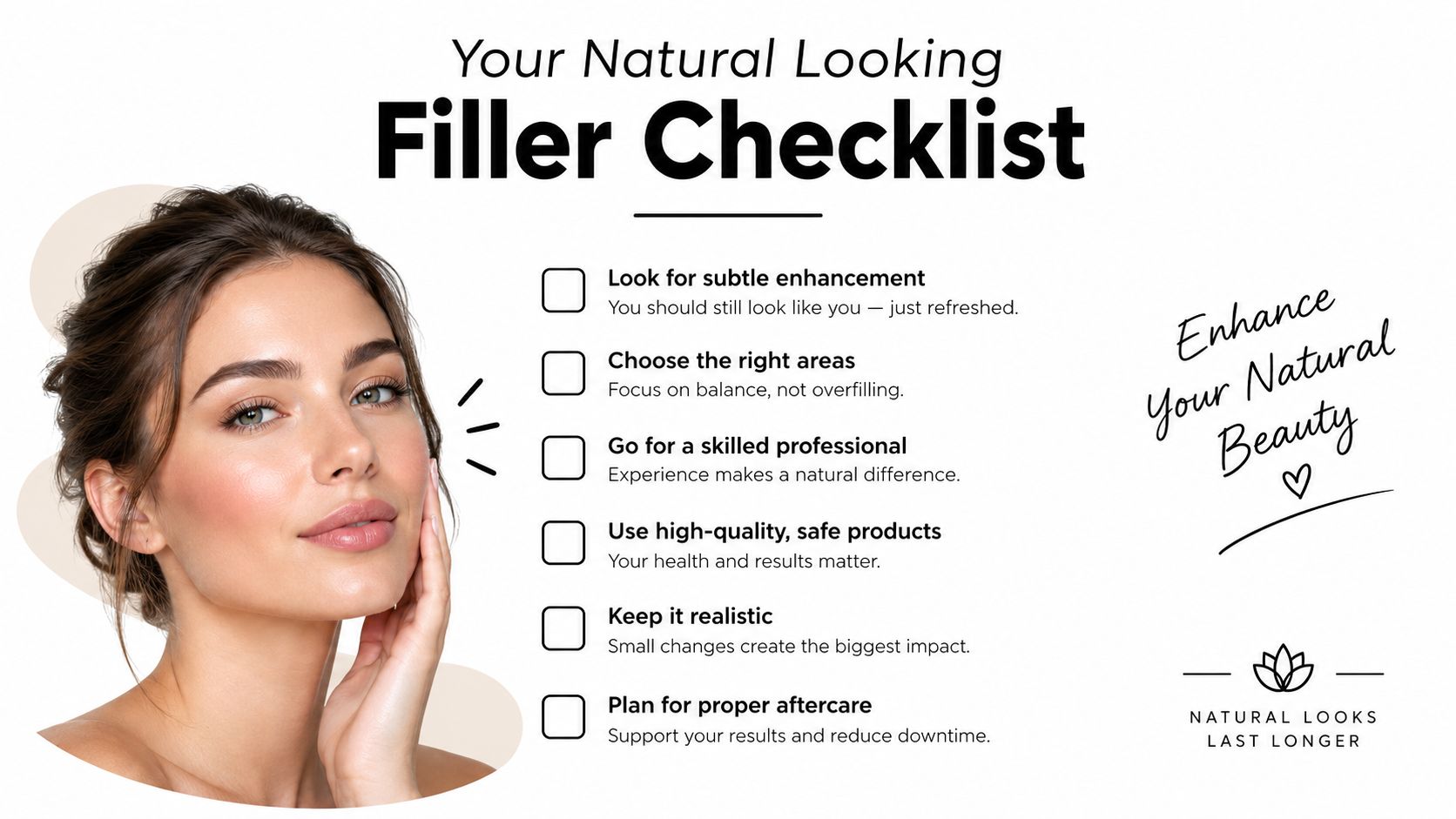An infographic titled Your Natural Looking Filler Checklist featuring a woman and tips for natural cosmetic enhancements.