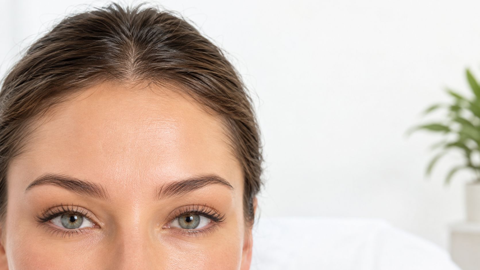 A close-up view of a woman's forehead and eyes, highlighting smooth skin and natural facial features.