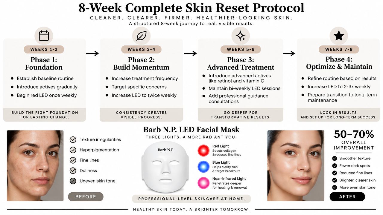 An infographic showing an 8-week skincare protocol with before and after facial skin comparison results.