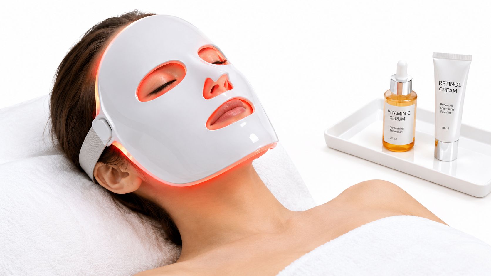 A woman lying down while wearing a glowing red light therapy face mask for skincare treatment.