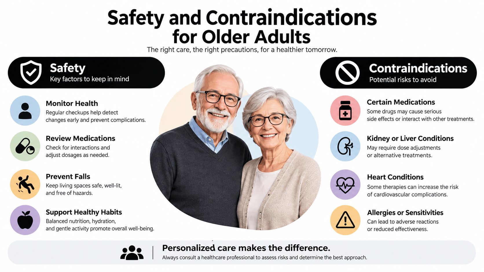 An educational infographic about safety tips and contraindications for the health care of older adults.