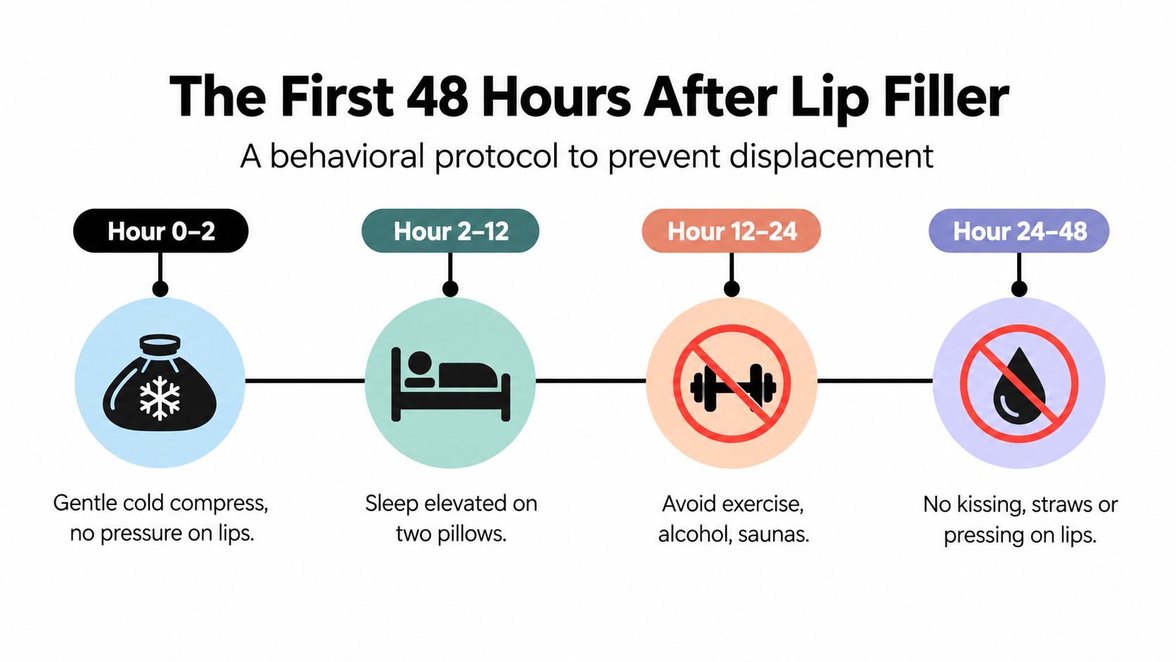 A visual guide outlining a 48-hour behavioral protocol to prevent lip filler displacement using four timed steps.