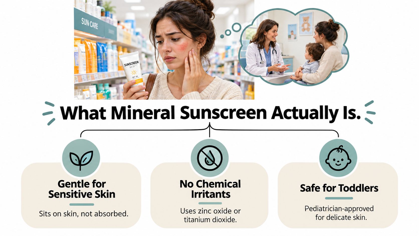 An infographic explaining the benefits of mineral sunscreen for sensitive skin, toddlers, and those avoiding chemical irritants.