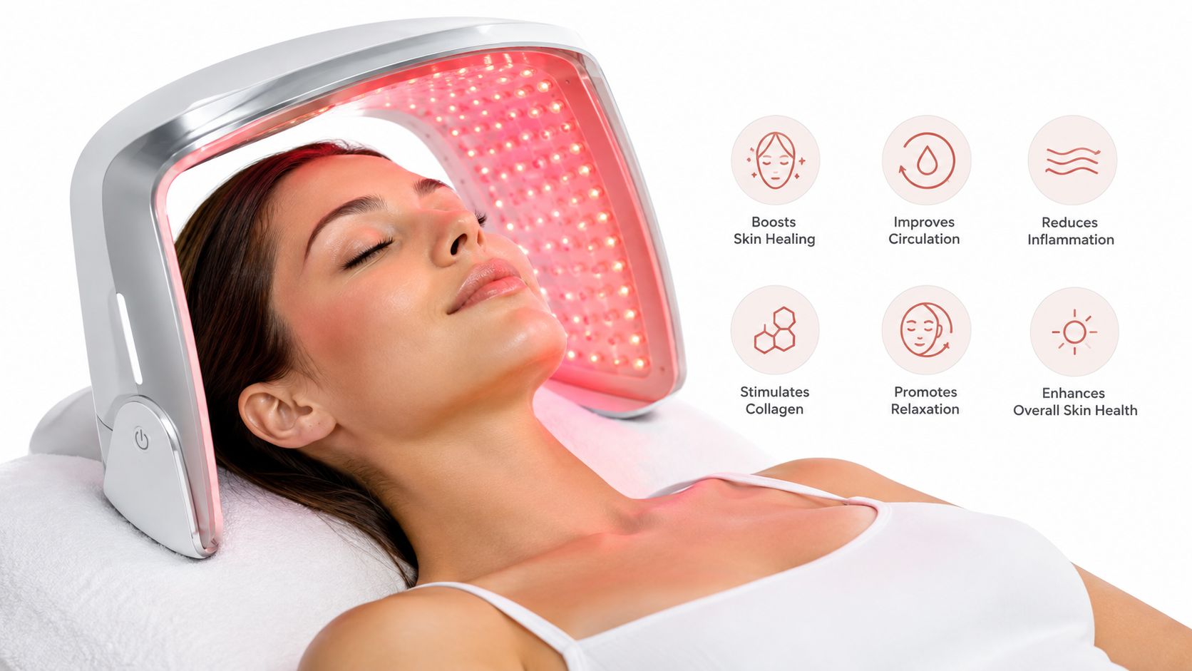 A woman lying down while using a red light therapy device for skin treatment and relaxation