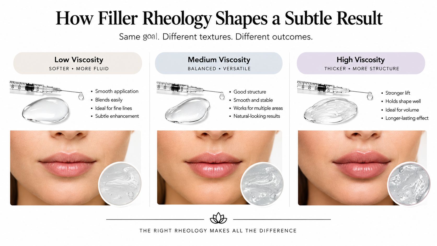 A diagram illustrating how filler rheology, ranging from low to high viscosity, affects lip enhancement results.