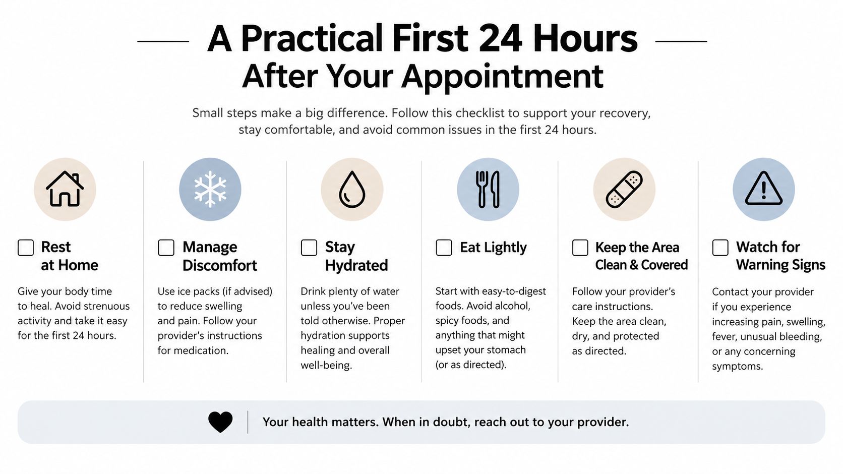 An infographic titled A Practical First 24 Hours After Your Appointment offering recovery and care instructions.