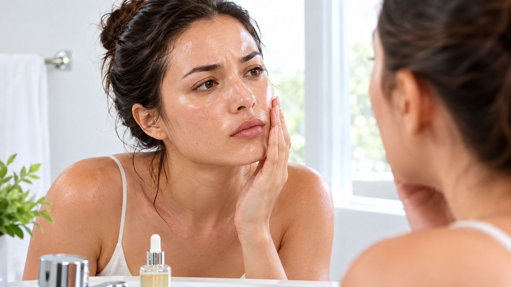 A woman looks in the bathroom mirror while applying a skin care serum to her face.