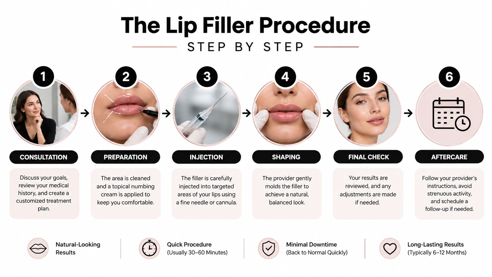 A six-step infographic illustrating the professional procedure for applying lip fillers from consultation to aftercare.
