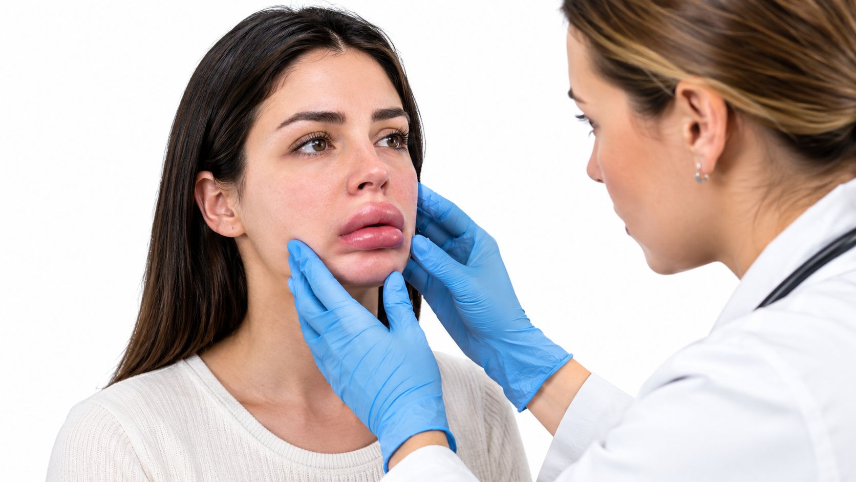 A female doctor with blue medical gloves examining a patient with severe lip filler swelling and inflammation.